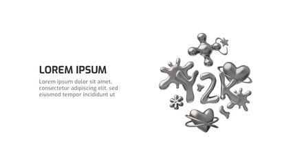 3D glossy chrome shapes in retro Y2K style landing page vector design, liquid metallic stars, heart, flower, blob forms