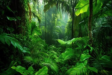 Vibrant Rainforest Scene Where Only Specks of Sunlight Reach the Forest Floor