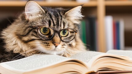 Cute Cat Wearing Glasses Reading a Book