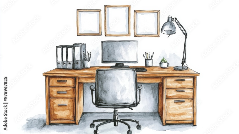 Poster a drawing of a desk with computer and lamp on it, ai