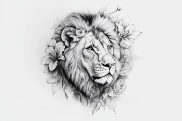 Tattoo of a Calm and Powerful Lion's Head, Framed by Roses and Lilies
