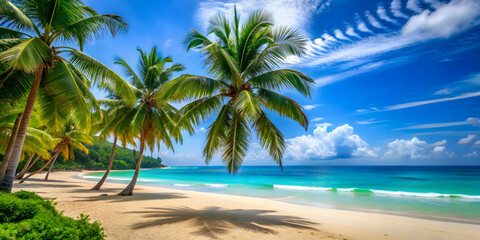 Summery landscape with blue ocean, green palm trees, and sandy beach , tropical, seaside, watercolor painting, vibrant