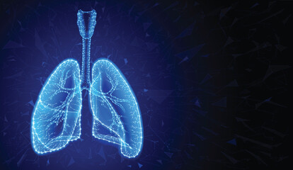 Illustration of two human lungs in a modern style using geometric shapes connected to form the shape of human lungs on a dark blue background.