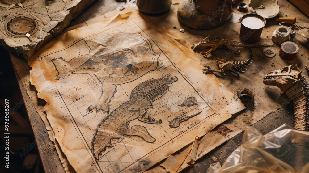 Poster blueprint of a paleontological field study, showing the steps involved in surveying, mapping, and co