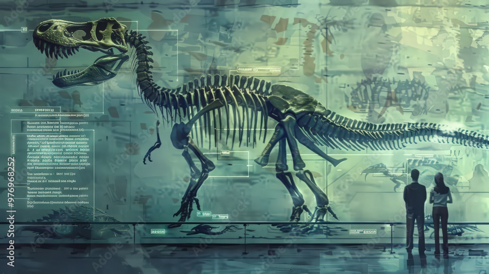Poster blueprint of a paleontological museum exhibit, highlighting how dinosaur fossils are displayed and t