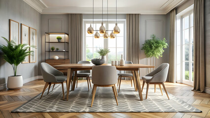 Stylish dining room featuring a Scandinavian-style table, abstract rug, and statement chandelier