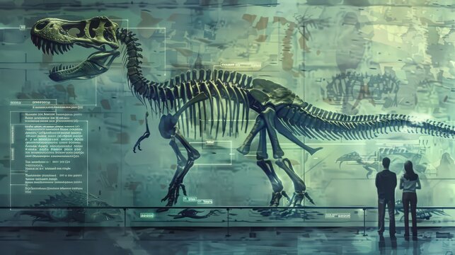 Blueprint of a paleontological museum exhibit, highlighting how dinosaur fossils are displayed and the educational information provided to the public