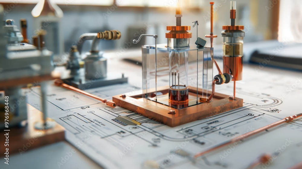 Poster blueprint of a physics lab experiment on thermal conductivity, showcasing apparatus for measuring he