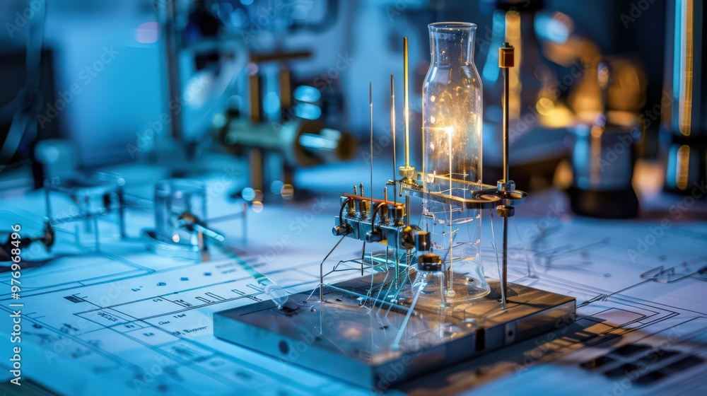 Poster blueprint of a physics lab experiment on thermal conductivity, showcasing apparatus for measuring he