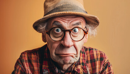 funny elderly man with exaggerated facial expression wearing glasses and hat in front of orange background