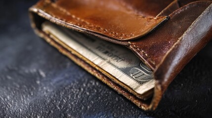 Close-up of a Brown Leather Wallet with Cash Inside