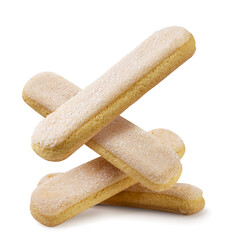 Savoiardi cookies falling on a pile on a white background. Isolated