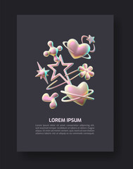 3D glossy holographic pink shapes retro Y2K style vector poster design, liquid metallic stars, heart, flower, blob forms