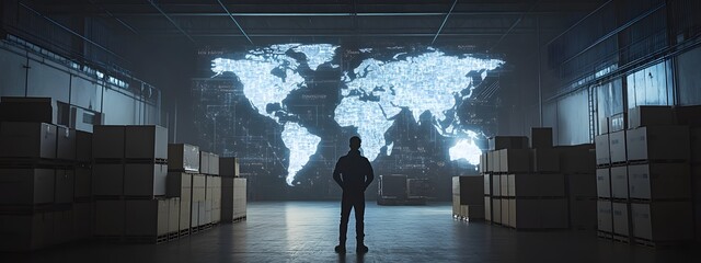 n industrial warehouse with an AR digital map of the world floating above it, showing various goods being warped between global vistas