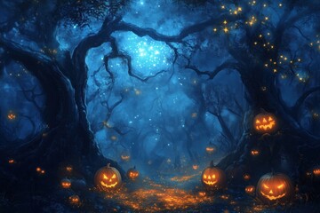 Mystical Forest at Halloween with Twisted Trees and Glowing Pumpkins on the Path