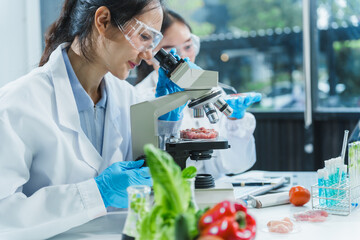 Two Asian women in a lab work on food research, using a microscope, petri dish, and test tubes...