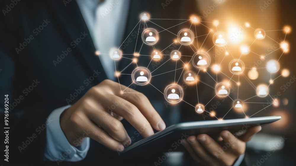 Poster crm is transformed as a businessman uses a digital tablet to manage customer networks effectively.
