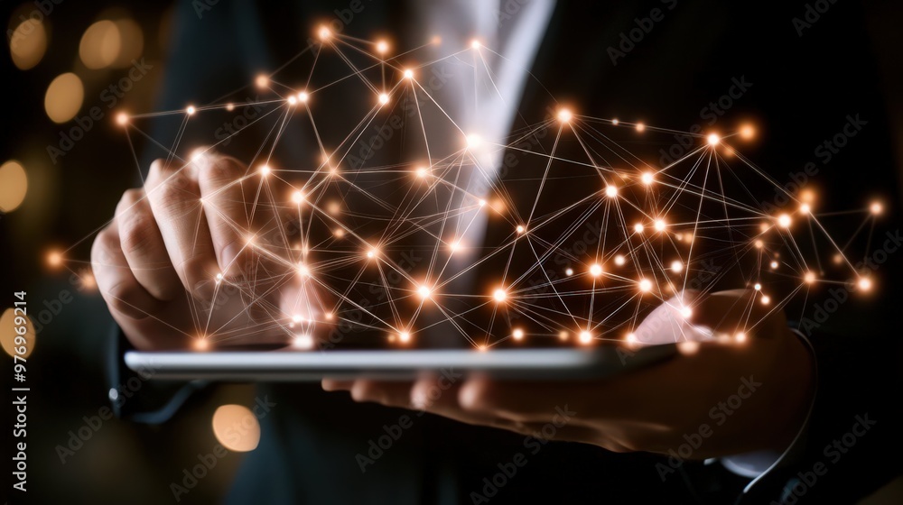 Poster crm efficiency is achieved as a businessman utilizes a digital tablet to connect with customer netwo