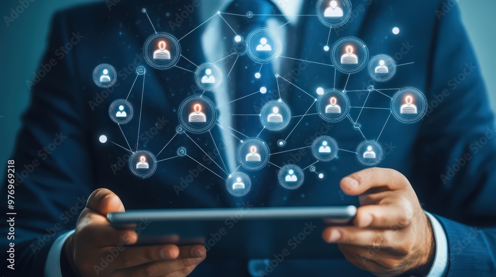 Poster crm is transformed as a businessman uses a digital tablet to manage customer networks effectively.