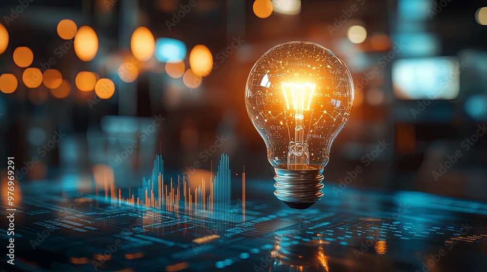 Wall mural glowing light bulb with data visualization and blurry background