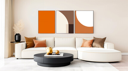 Modern sofa with home decor and stylish interior design in warm tones and minimalist style