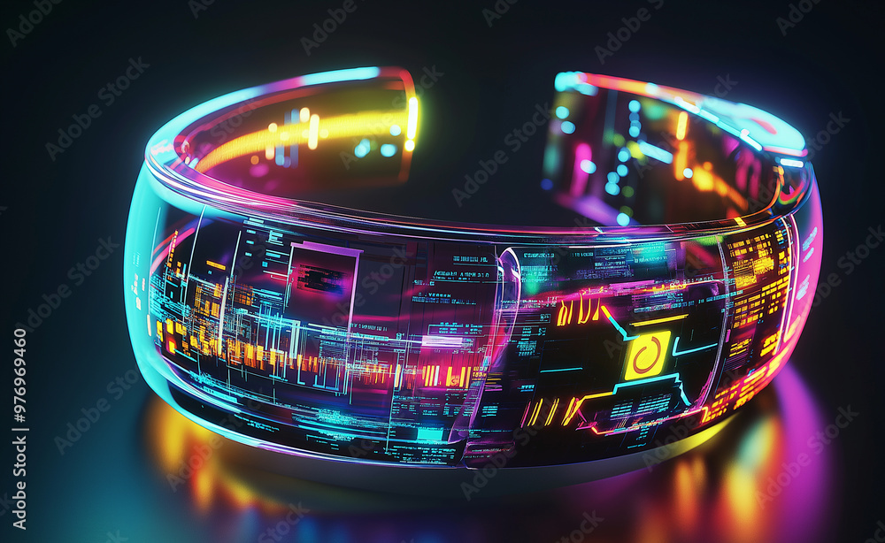Poster a futuristic glowing wrist device displaying digital data and technology on a person's hand.