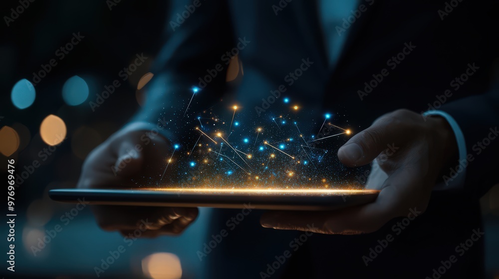 Poster crm technology is maximized as a businessman uses a digital tablet for better customer relationship 