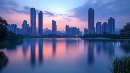 Obraz premium A serene lake reflecting the silhouette of a modern city skyline at sunset.