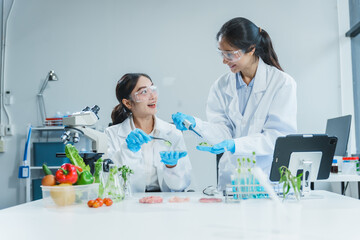 Two Asian women in a lab work on food research, using a microscope, petri dish, and test tubes...