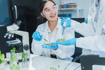 Two Asian women in a lab work on food research, using a microscope, petri dish, and test tubes...