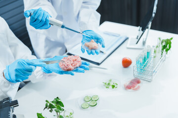 Two Asian women in a lab work on food research, using a microscope, petri dish, and test tubes filled with chemical solutions. They study vegetables, pork, and plants for GMO traits and nutrition.