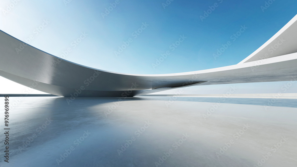 Poster 3d render of abstract curve structure futuristic architecture with empty concrete floor