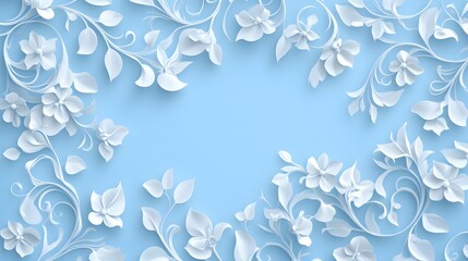 Delicate lace-like patterns with swirling lines, seamless design, white on a soft pale blue background, minimalist, vector art, high resolution.