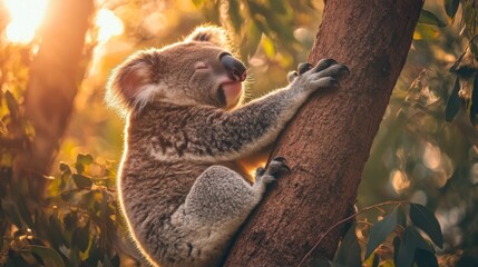 Fototapeta premium A koala bear sleeping in a eucalyptus tree with the sun shining through the leaves.