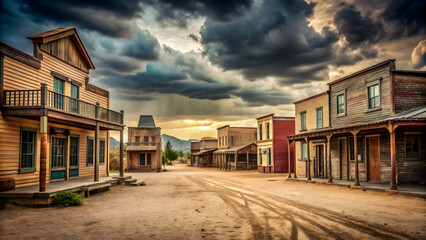 Obraz premium Gloomy day in an old West town , deserted, spooky, vintage, dusty, abandoned, rustic, eerie, western, historic, weathered
