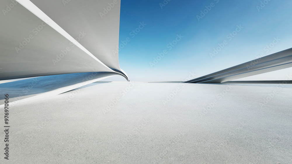 Poster 3d render of abstract curve structure futuristic architecture with empty concrete floor