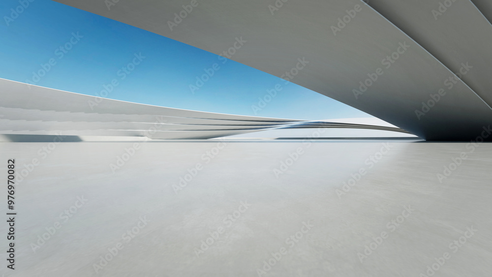 Poster 3d render of abstract curve structure futuristic architecture with empty concrete floor