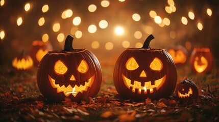 Glowing Jack o  Lantern Pumpkins on Fall Leaves with Bokeh Lights