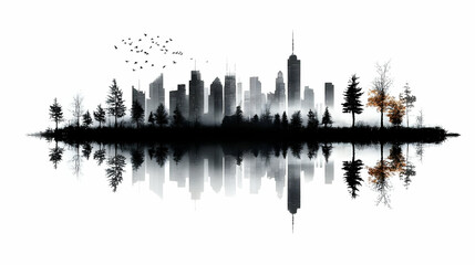 Fototapeta premium A silhouette of a city skyline reflected in a calm body of water, with trees in the foreground and birds flying overhead.