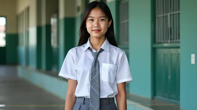 Portrait of confident Asian schoolgirl in uniform standing in school hallway