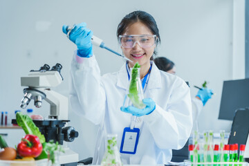 Fototapeta premium Two Asian women in a lab work on food research, using a microscope, petri dish, and test tubes filled with chemical solutions. They study vegetables, pork, and plants for GMO traits and nutrition.