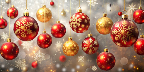 Christmas background with red and gold balls and delicate snowflakes , holiday, festive, decorations, winter, ornament