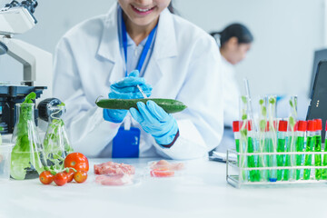 Two Asian women in a lab work on food research, using a microscope, petri dish, and test tubes...