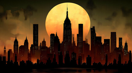 Fototapeta premium A silhouette of a city skyline with a large full moon in the background.