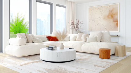 Living room with modern interior design and home decor featuring bright space and large windows