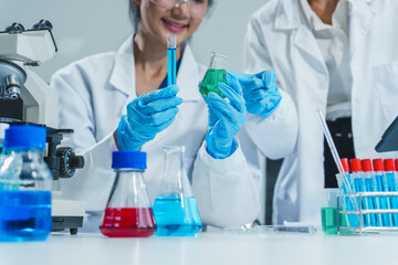 Fototapeta premium Two Asian women in a lab work on food research, using a microscope, petri dish, and test tubes filled with chemical solutions. They study vegetables, pork, and plants for GMO traits and nutrition.
