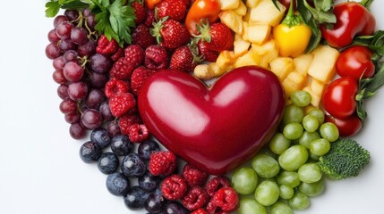 A heart shaped fruit and vegetables arranged in a circle, AI