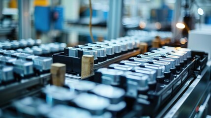 Obraz premium An overview of a modern battery production facility, showcasing the intricate processes involved in manufacturing lithium-ion batteries. This scene highlights robotic arms, assembly lines, 