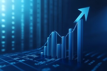 3d Blue growth graph business chart data diagram on success financial presentation background with abstract up arrow bar symbol or finance marketing price statistic and economy market 