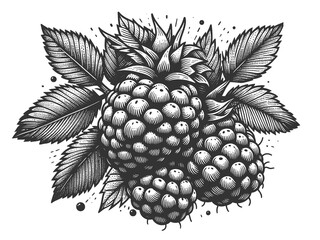 ripe blackberry cluster with leaves, showcasing a vintage botanical style sketch engraving generative ai fictional character raster illustration. Scratch board imitation. Black and white image.